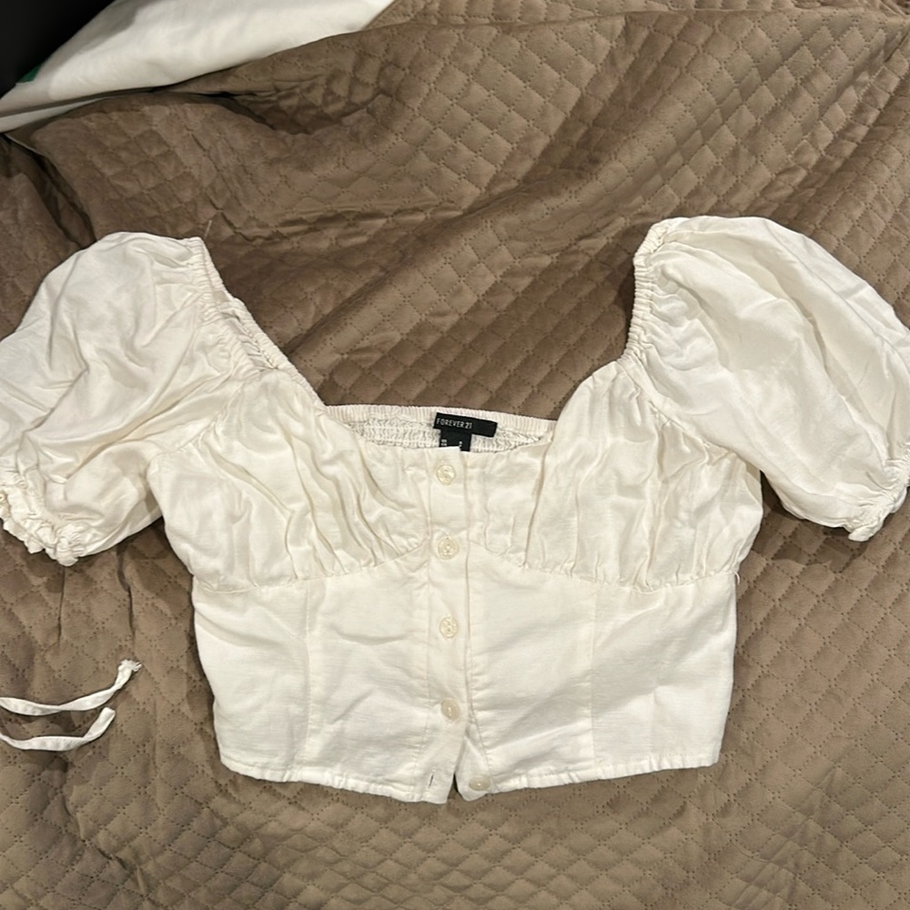 White Forever 21 Blouse Corset style with puffed sleeves LINEN MATERIAL